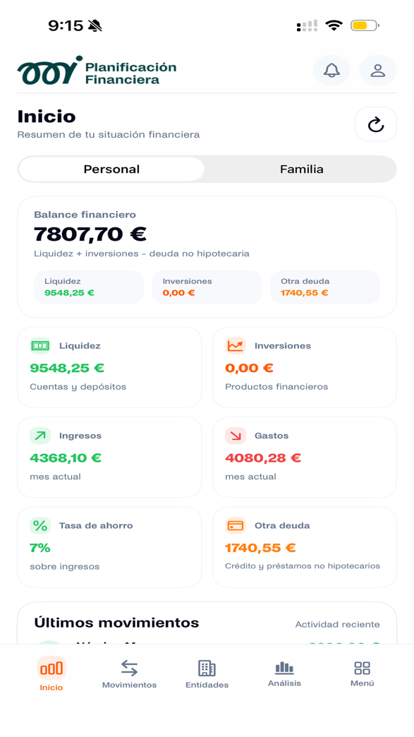 Pantalla de inicio de la app mPF en iPhone